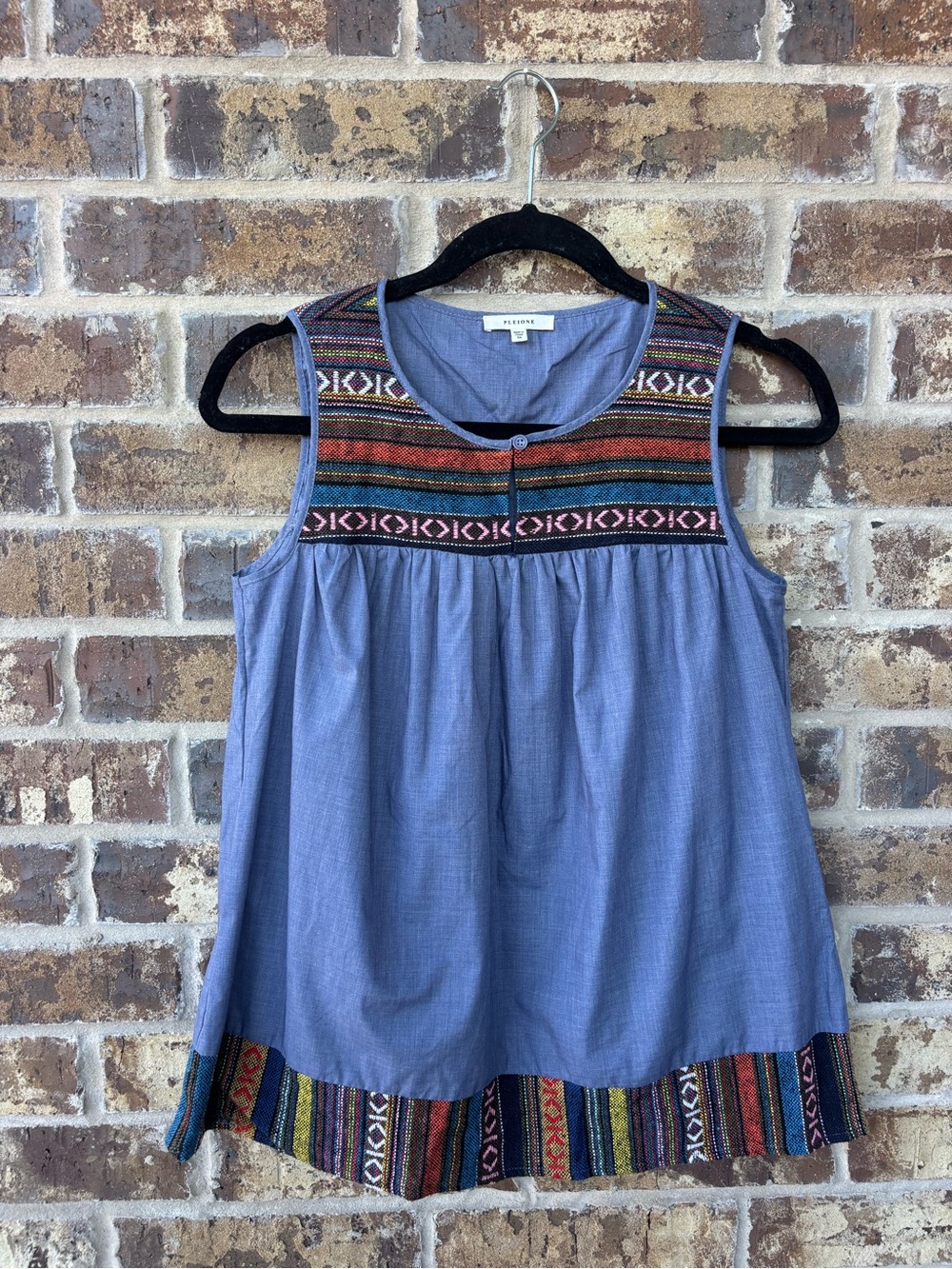 Pleione Chambray Blue Sleeveless Tank with Multicolor Embroidered Yoke